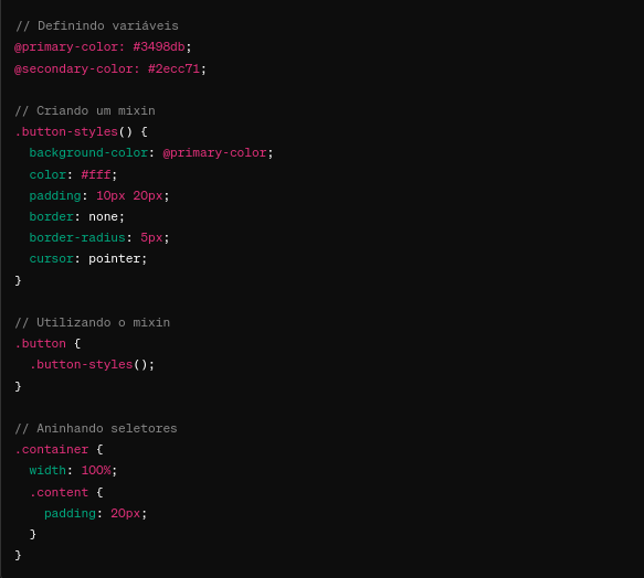 Exemplo de código usando pré-processador CSS LESS - Blog Do Isac Imagem com exemplo de código usando pré-processador CSS LESS
